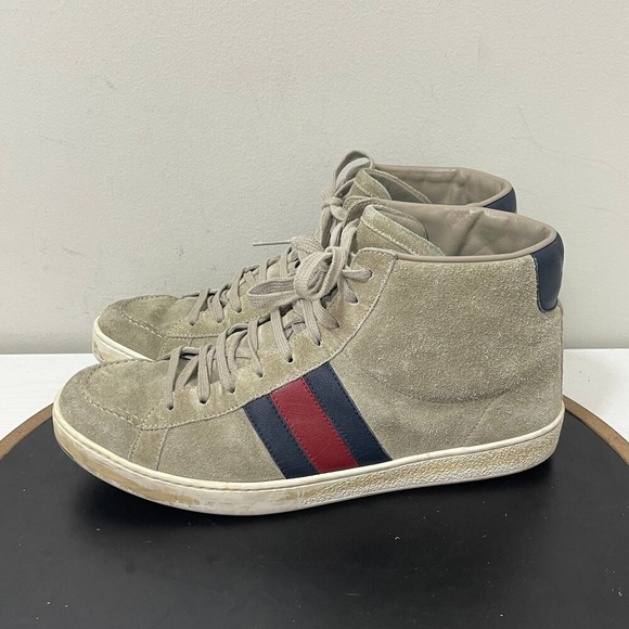 Gucci Sneakers Mens Size 8G Beige Suede Web Stripe High Top Sneakers Italy